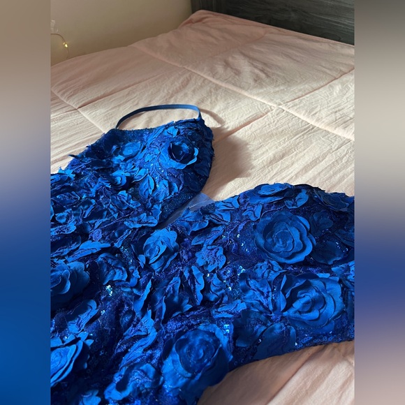 Blue Sequened Prom Dress, Floral Top, Open Back, Left Leg Slit - Picture 9 of 11